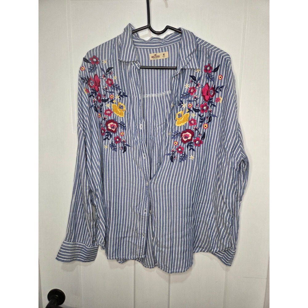 Hollister Floral Embroidered Striped Button Down Shirt Blue White Womens Medium